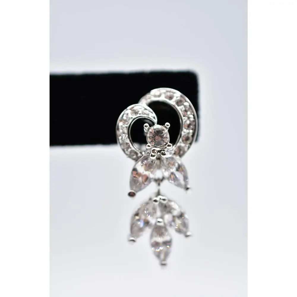 Nolan Miller Vintage Crystal Clip On Earrings Silver Dangle Signed 1990s Bin5